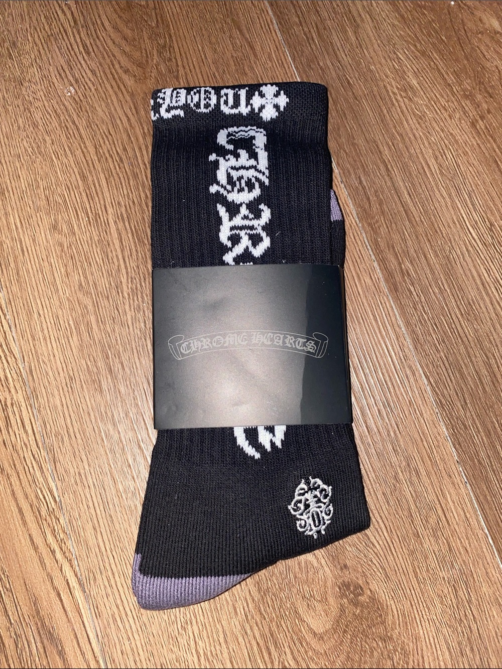 Chrome Hearts Black Crew Socks with White Logo and grey Accent